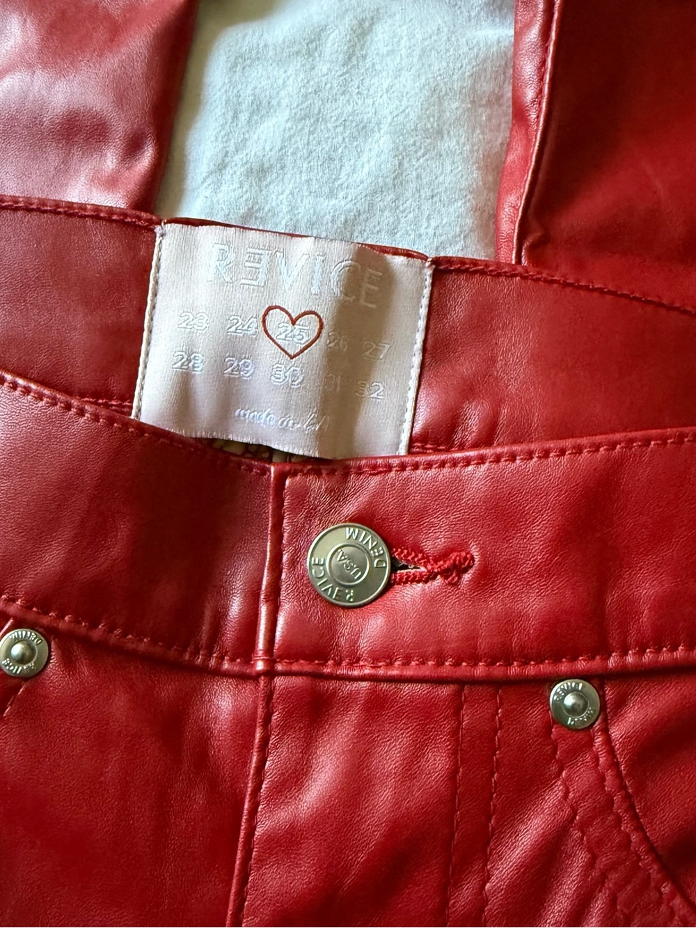 REVICE Red Faux Leather High-Rise Pants with Heart Waist Tag - Picture 2 of 5